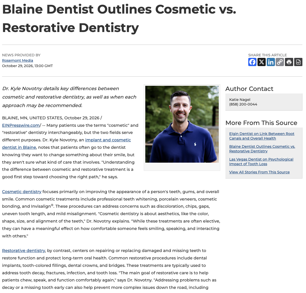 Blaine dentist Kyle Novotny, DDS outlines differences between cosmetic and restorative dentistry.